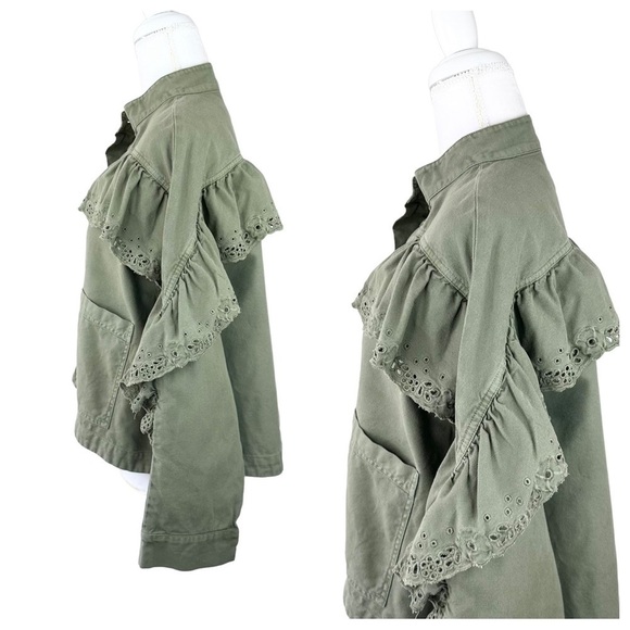 The Great eyelet army utility military jacket ruffle cropped olive green XS/0 - Picture 4 of 16